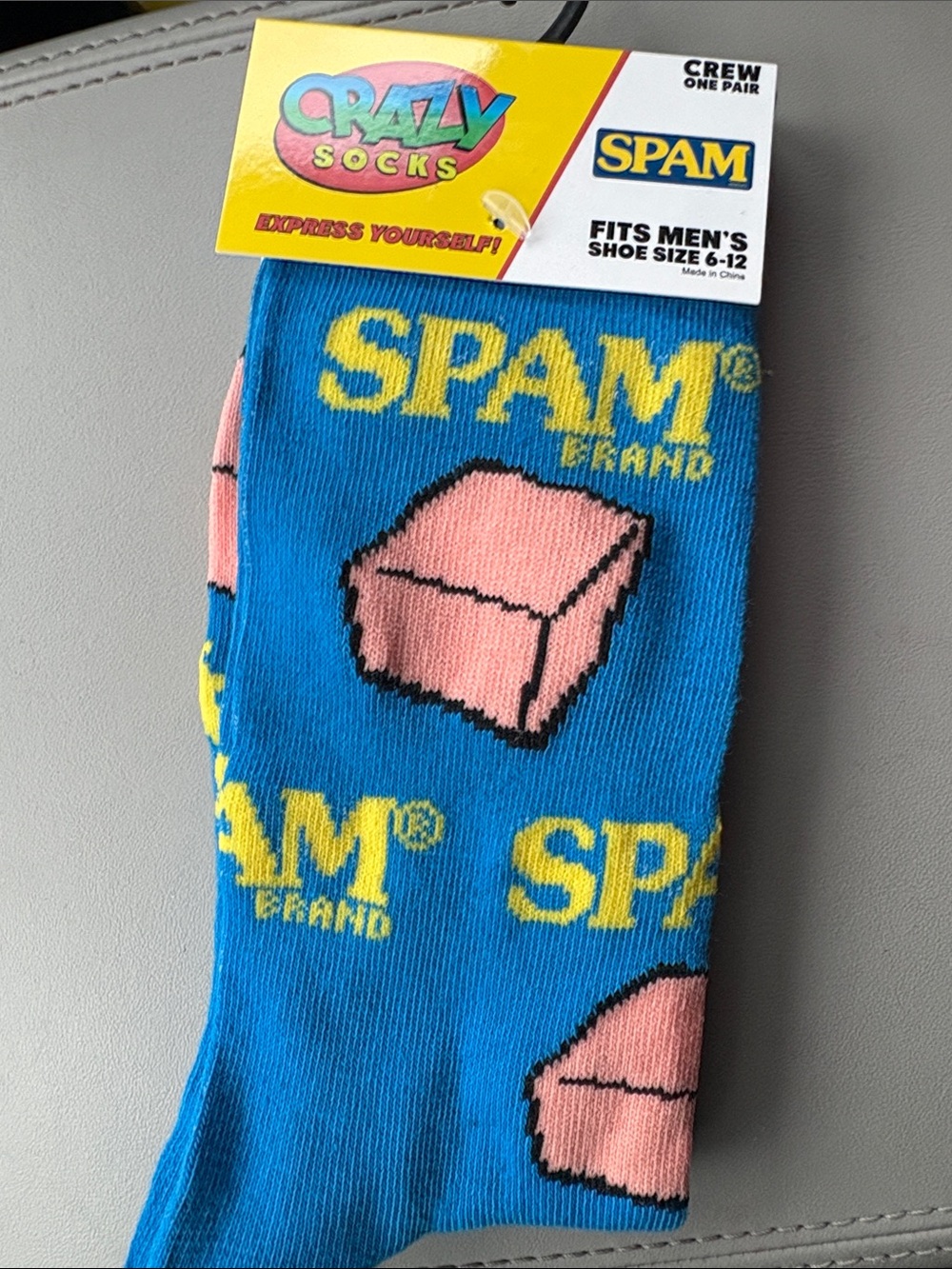 SPAM® Blue Crew Socks with Pink Can Motif by